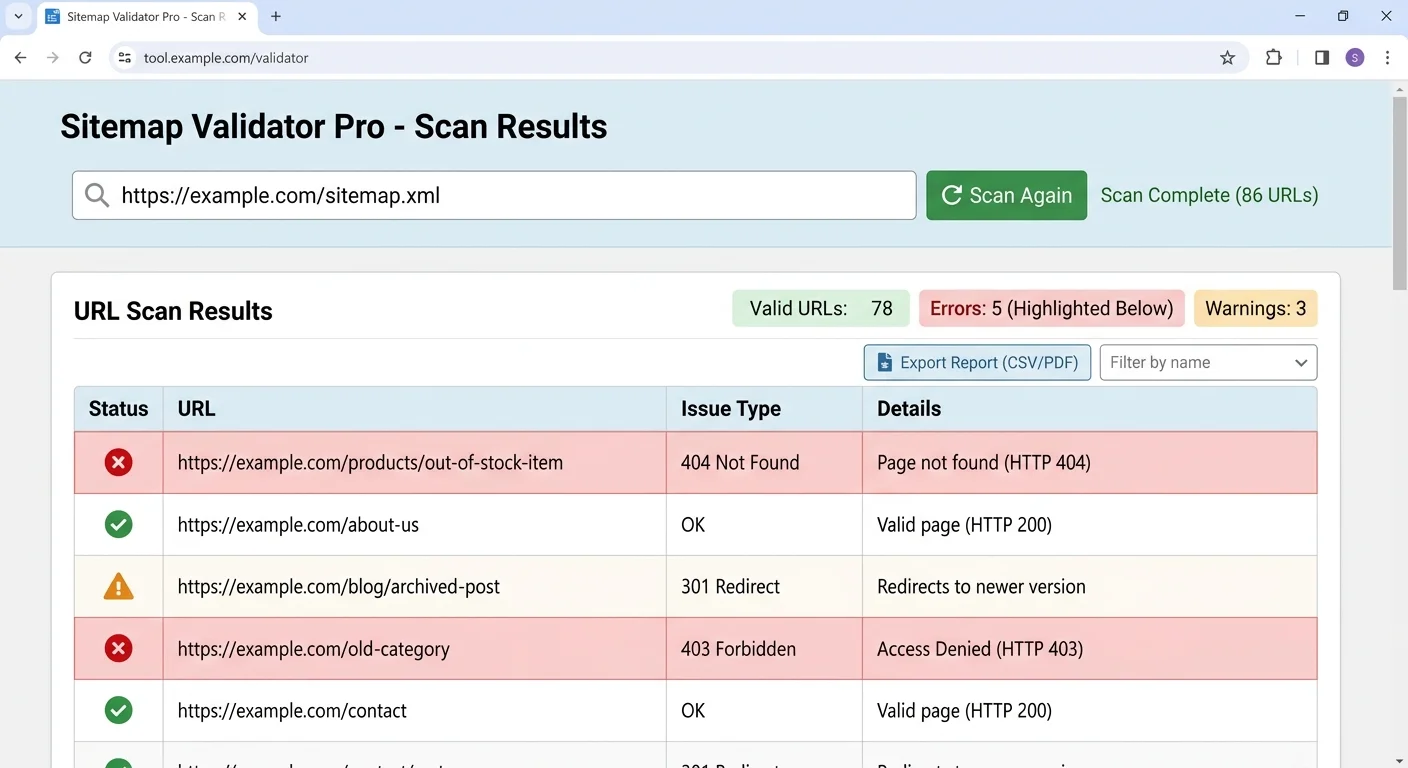 Sitemap error checker tool displaying URL validation results