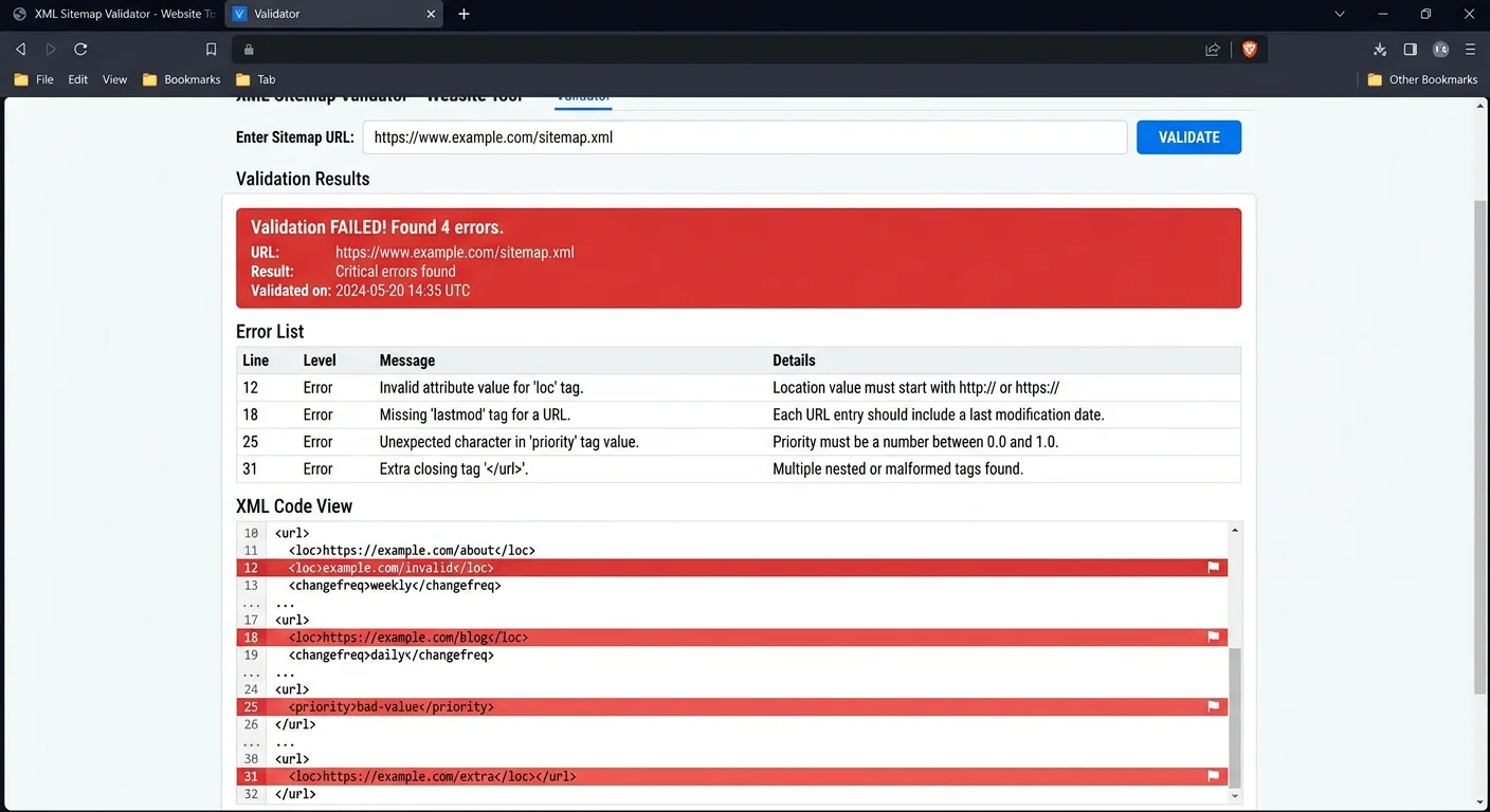 XML sitemap error checker showing validation errors with highlighted problem lines