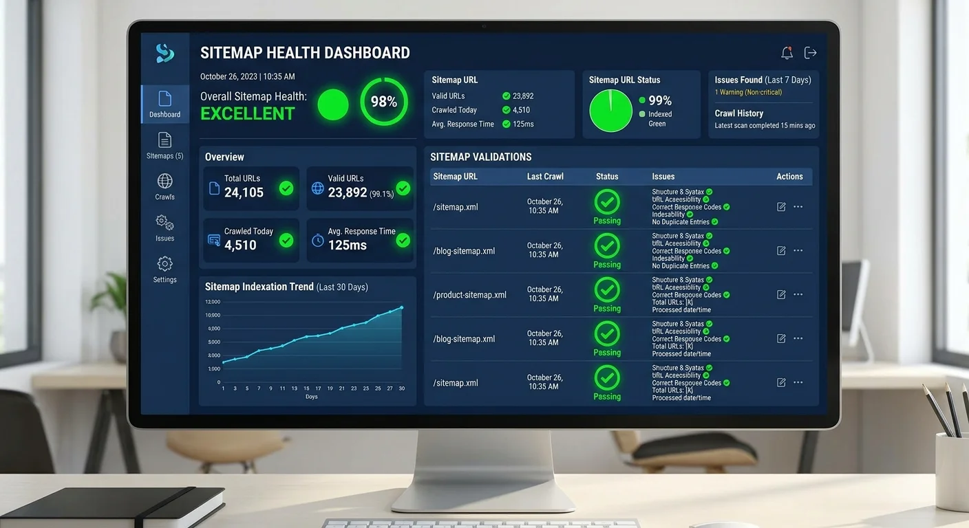 Sitemap validation dashboard displaying health status and error counts for multiple sitemap files