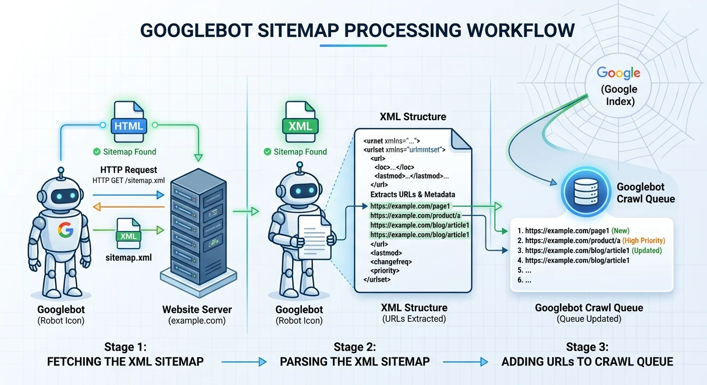 Googlebot processing XML sitemap crawl queue diagram