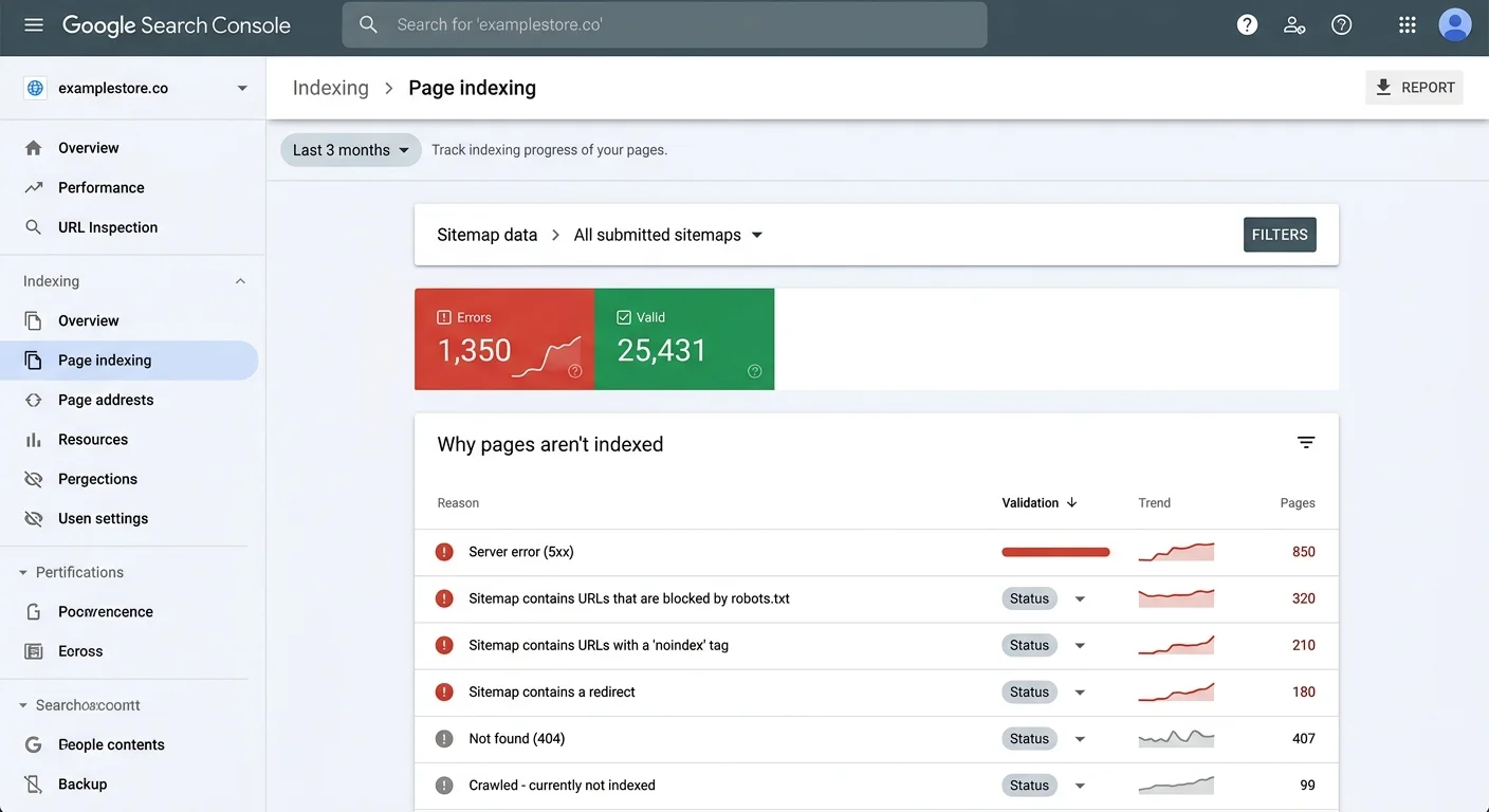 Google Search Console sitemap indexing errors coverage report